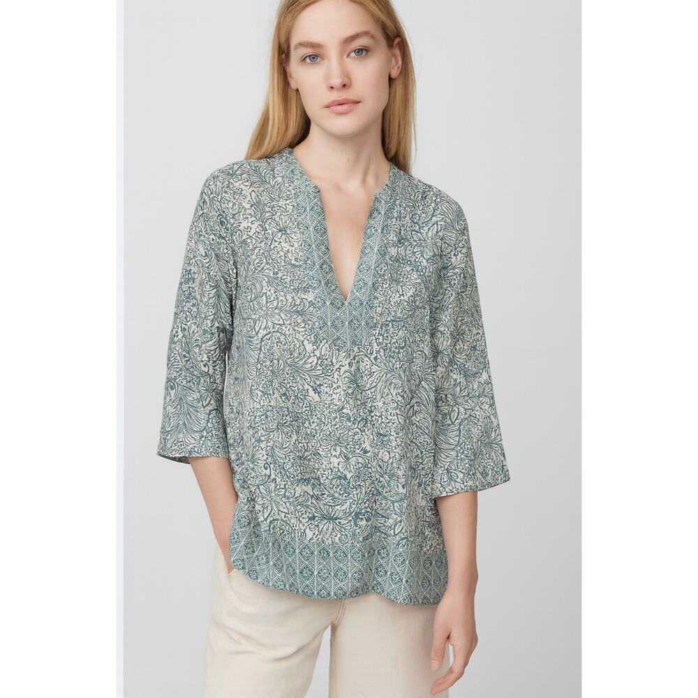 Sigrid Olsen Linen Blouse Size L Teal White Floral Boho Resort Vacation Chic